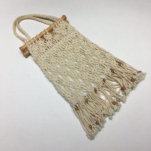 MACRAME FRINGED  WOOD HANDLED BAG